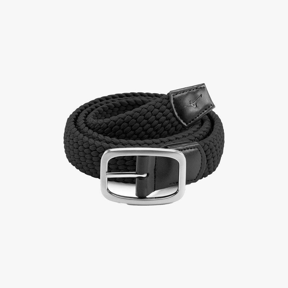 Coiled black Mizuno Players Belt with silver buckle and stitched Mizuno logo on the leather tip.