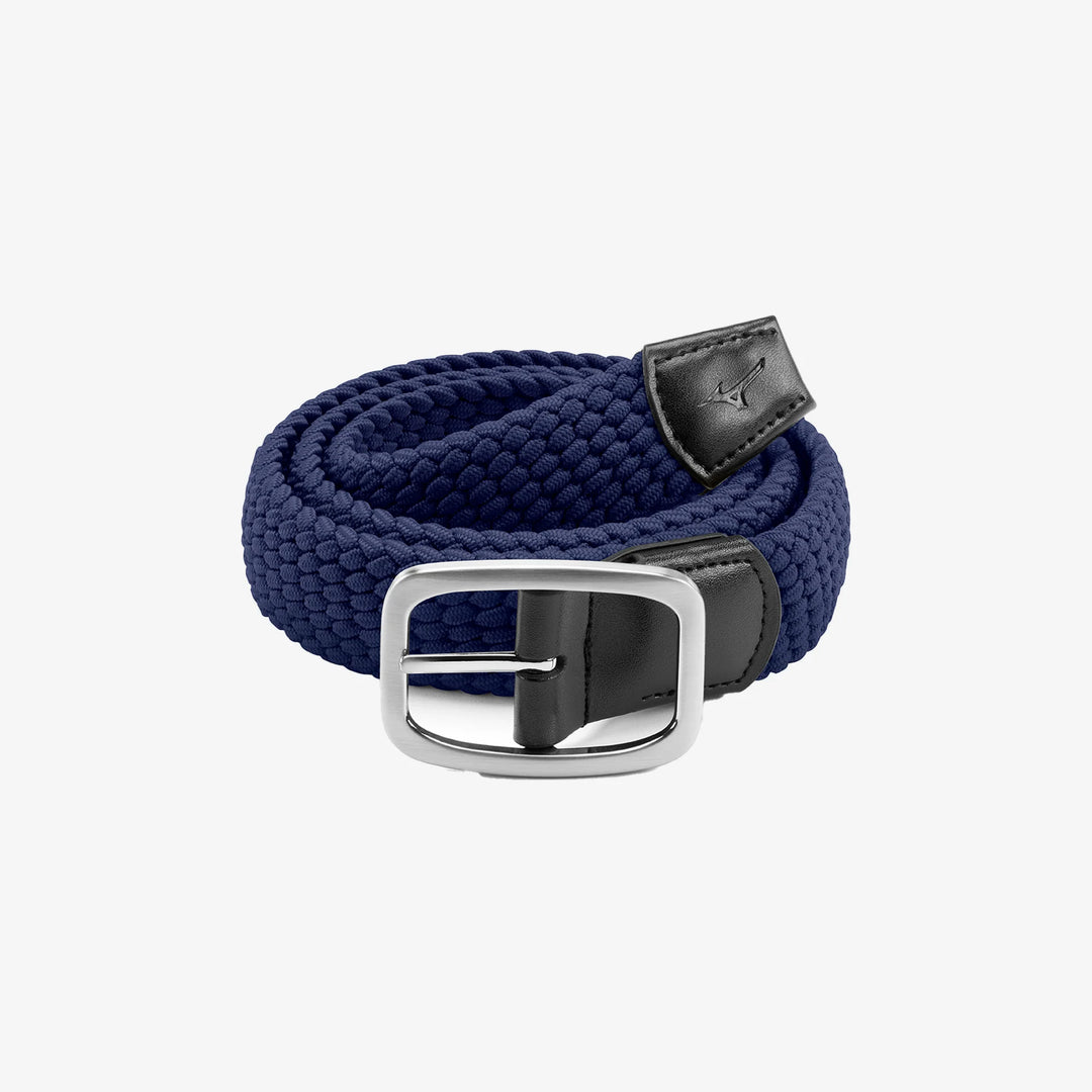 Coiled navy Mizuno Players Belt with silver buckle and stitched Mizuno logo on the leather tip.