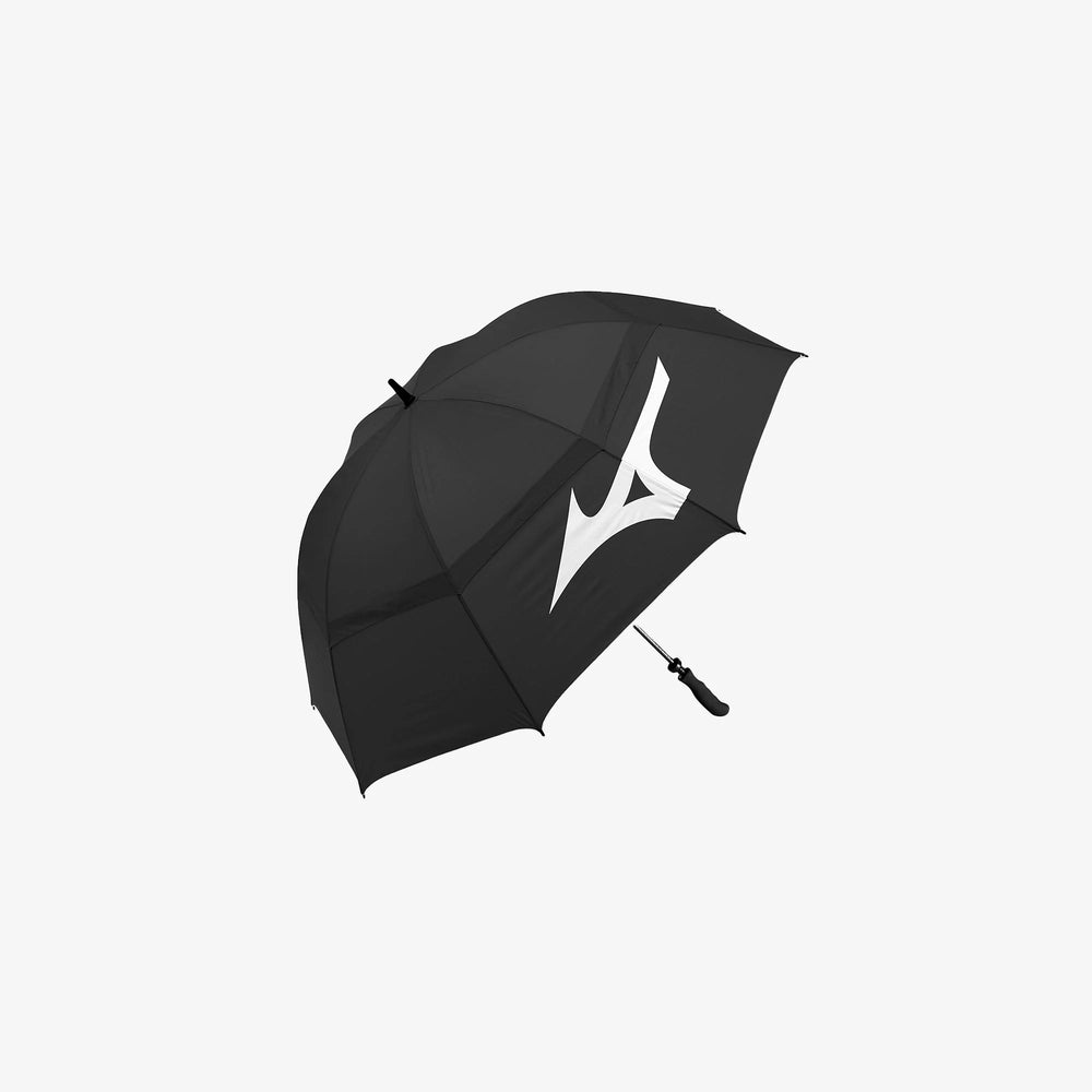 Black Mizuno Tour Umbrella with large Mizuno Runbird logo, available at Noosa Golf Co., premium golf shop Sunshine Coast.