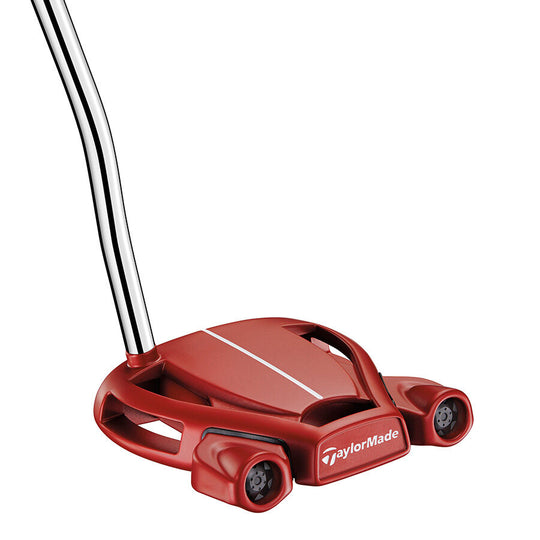 Quarter angle of the TaylorMade Spider Red Putter with curved shaft and signature red finish. Available now at Noosa Golf Co., your Noosa and Sunshine Coast golf gear destination.