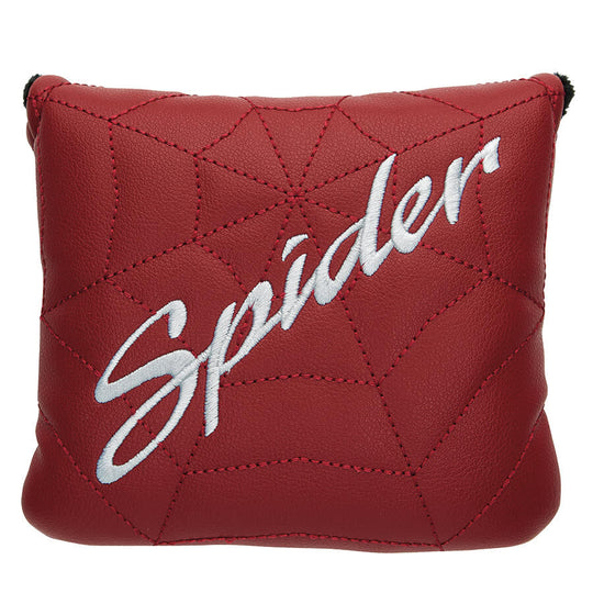 Red TaylorMade Spider Putter headcover with spiderweb stitching and script logo. Available at Noosa Golf Co., your Sunshine Coast golf shop for premium putters.