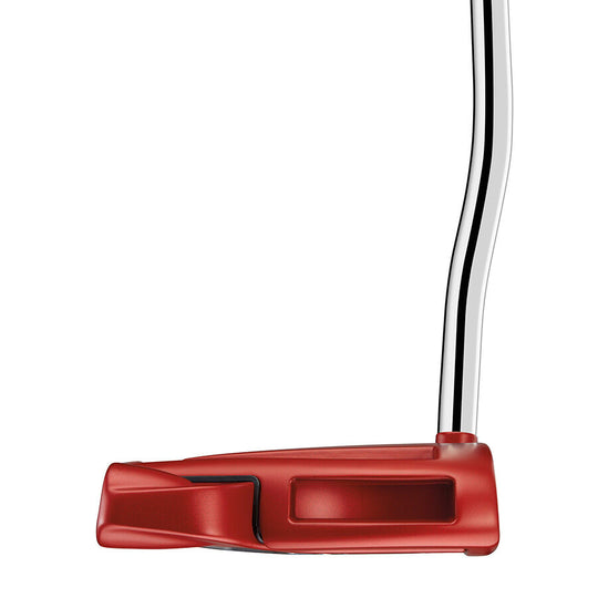 Side angle of the TaylorMade Spider Red Putter with curved shaft. A popular model available at Noosa Golf Co., top Noosa golf shop for performance gear.