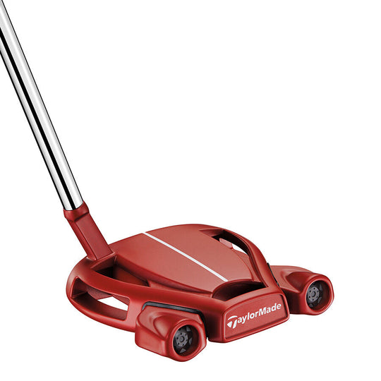 Quarter view of the TaylorMade Spider Red Putter highlighting head shape and shaft angle. Available now at Noosa Golf Co., trusted Noosa golf shop for quality gear.