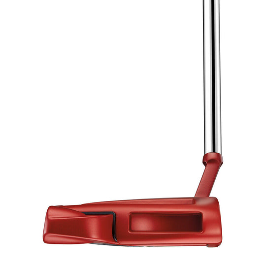 Side view of the TaylorMade Spider Red Putter highlighting its sleek red mallet design. Available at Noosa Golf Co., the top golf shop in Noosa and the Sunshine Coast.