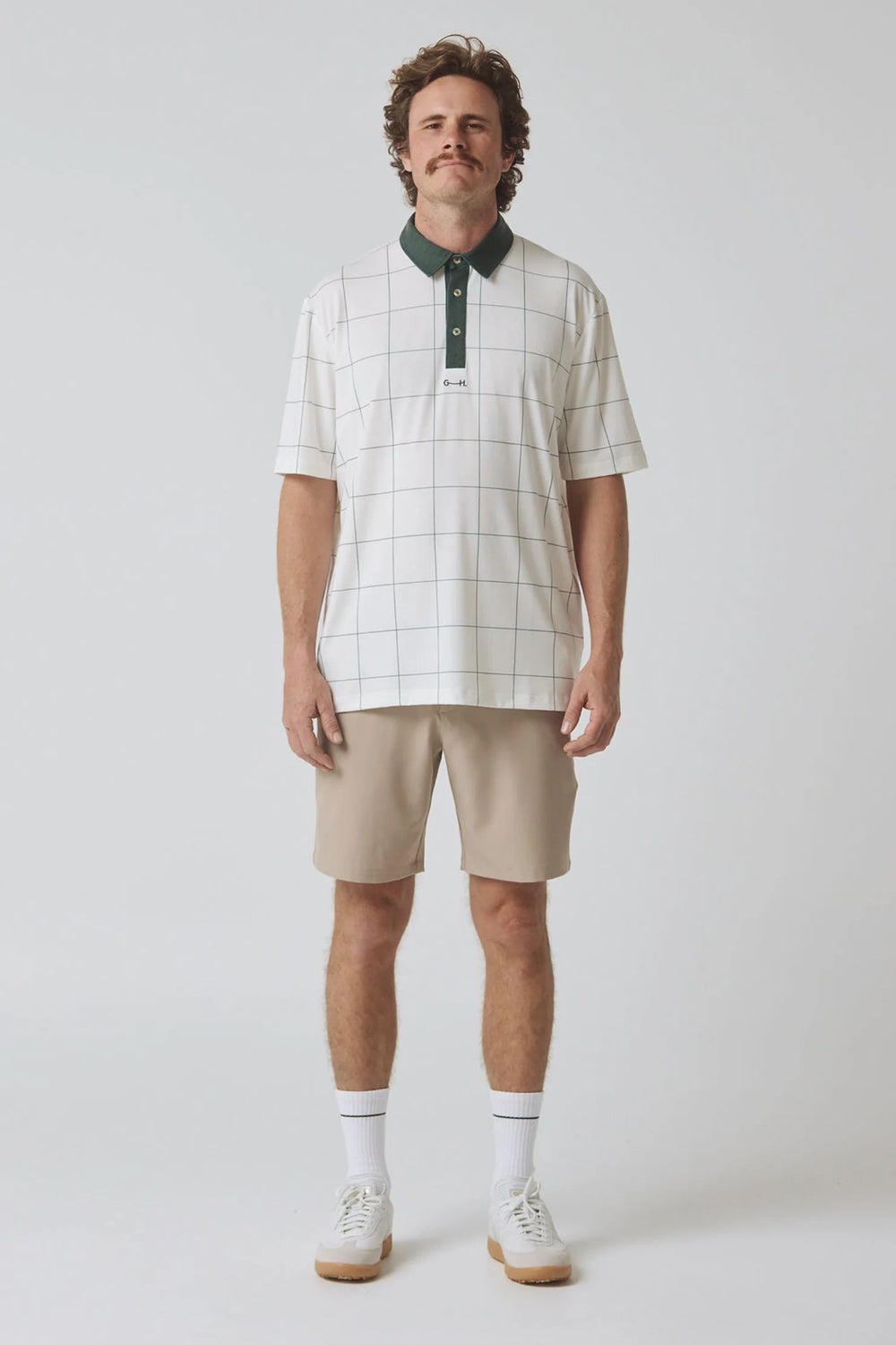 Gray + Haast Pin Check Polo - Off-White/Dark Green