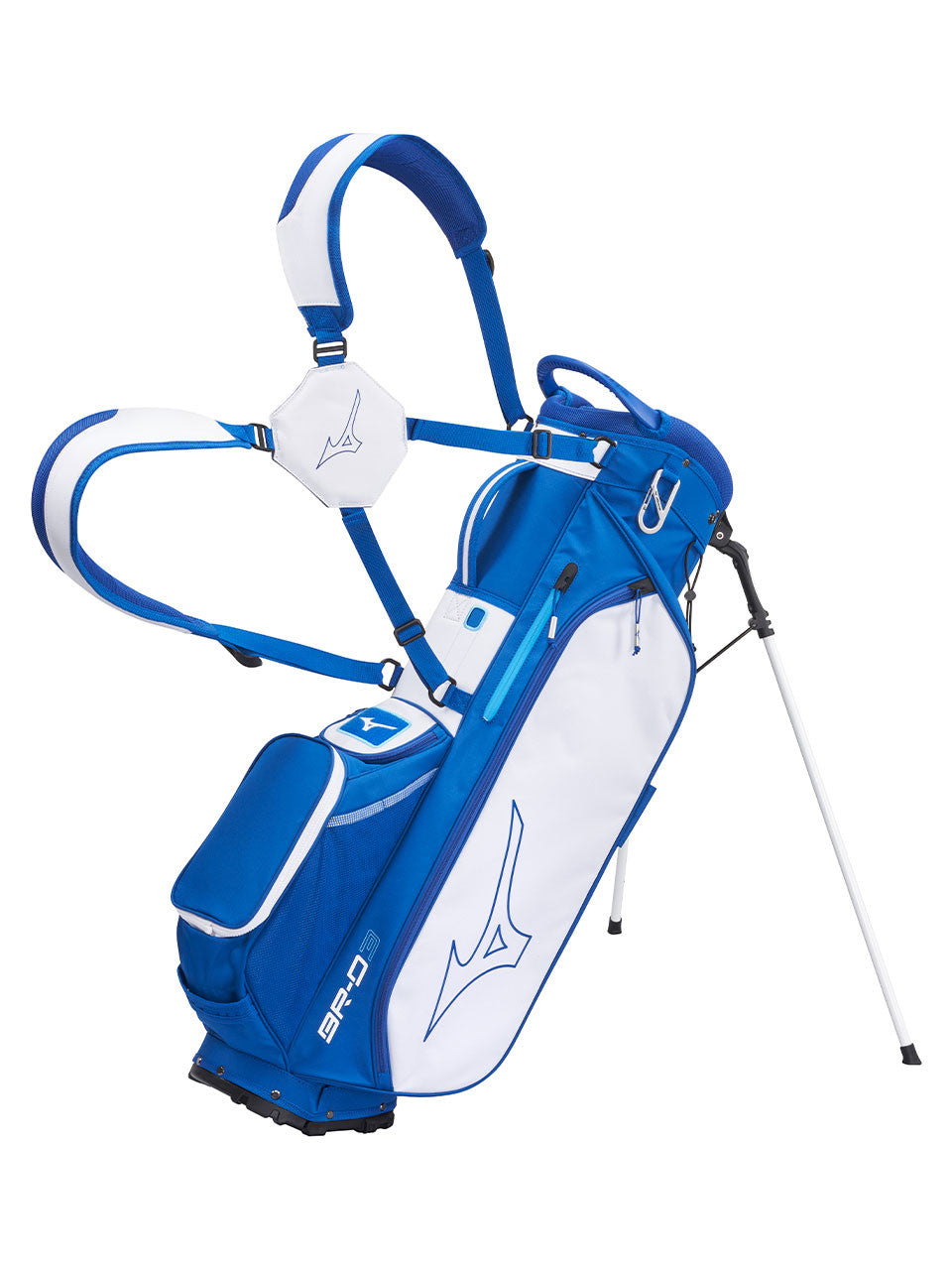 Full view of Mizuno BR-D3 Stand Bag in Blue and White with dual strap — available at golf shop Sunshine Coast and golf shop Noosa.