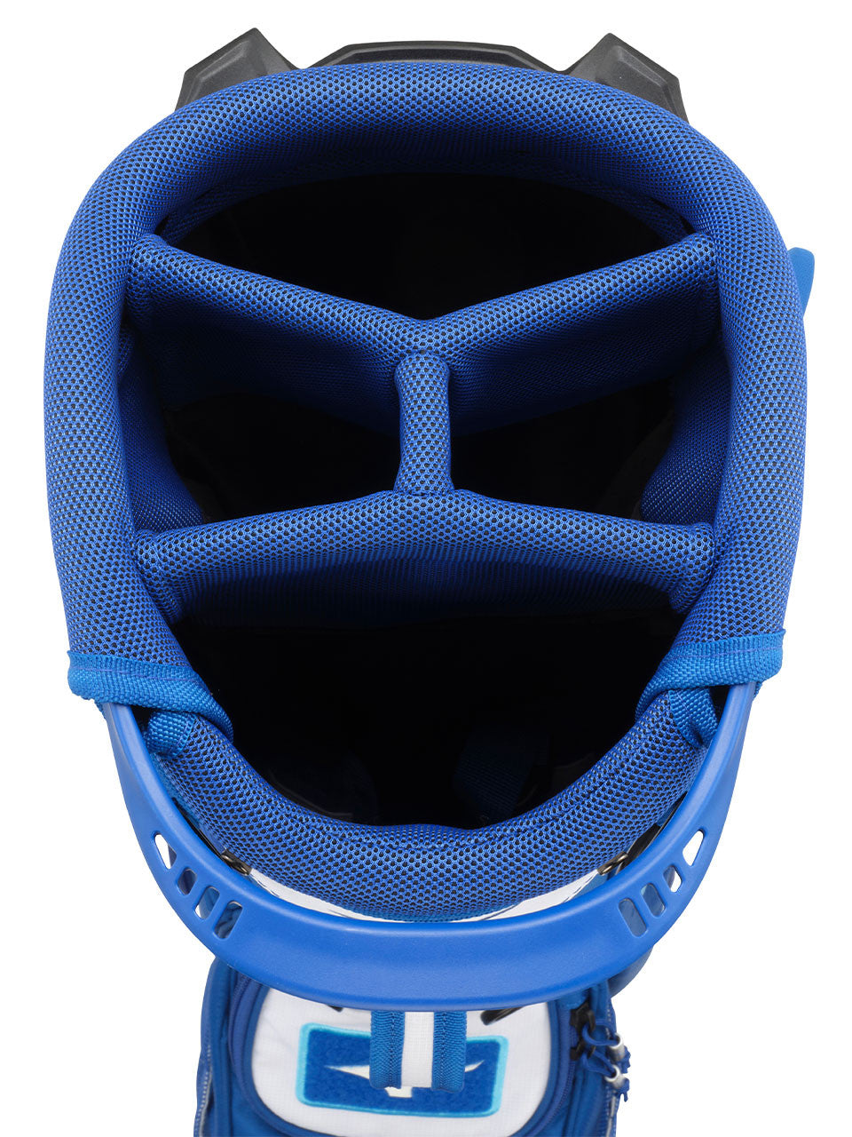 Top view of Mizuno BR-D3 Stand Bag in Blue and White — available at golf shop Sunshine Coast and golf shop Noosa.