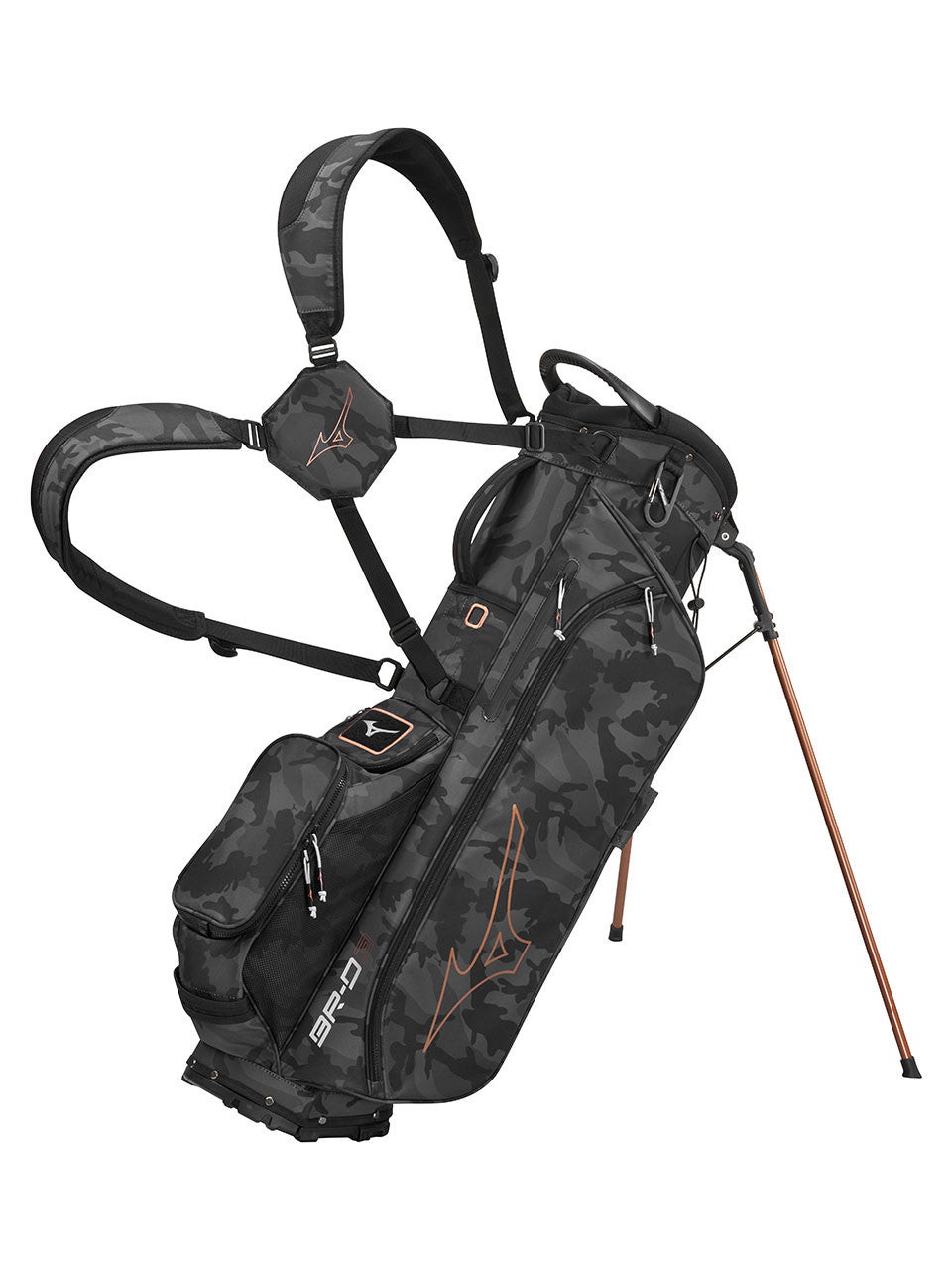 Mizuno BR-D3 Stand Bag Camo displayed on stand, ideal for Sunshine Coast driving range and golf shop Noosa.