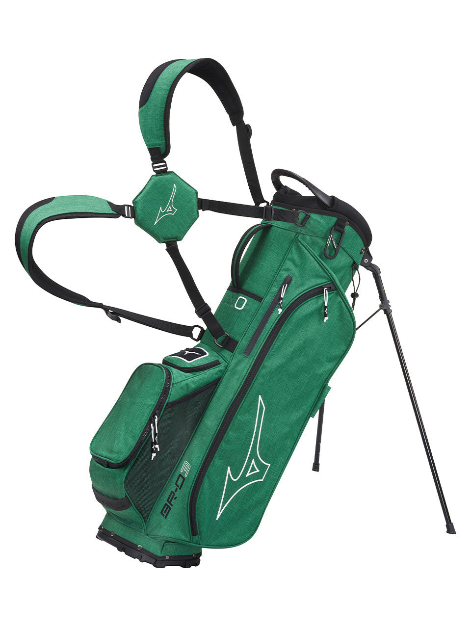 Mizuno BR-D3 Stand Bag Green displayed on stand, ideal for Noosa driving range and Noosa golf courses.
