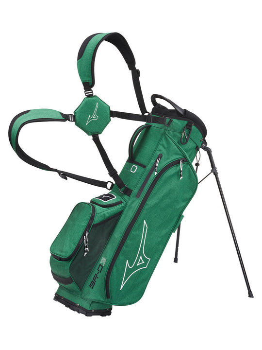 Mizuno BR-D3 Stand Bag Green displayed on stand, ideal for Noosa driving range and Noosa golf courses.