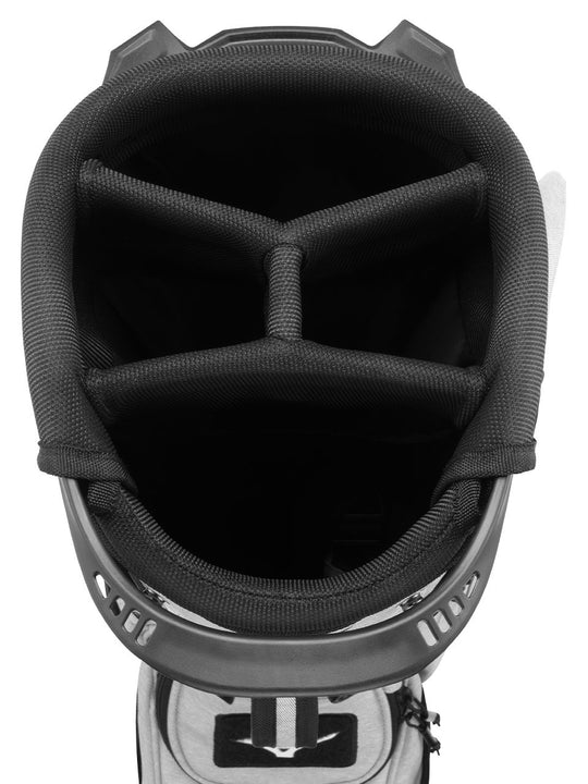 Top view of Mizuno BR-D3 Stand Bag in grey, 4-way divider — find it at Noosa Golf Co., golf shop Noosa and golf shop Sunshine Coast.