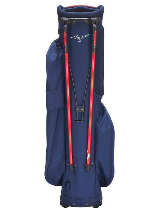 Back view of Mizuno BR-D3 Stand Bag in navy and red with dual strap — shop at Noosa Golf Co., premium golf shop Sunshine Coast.