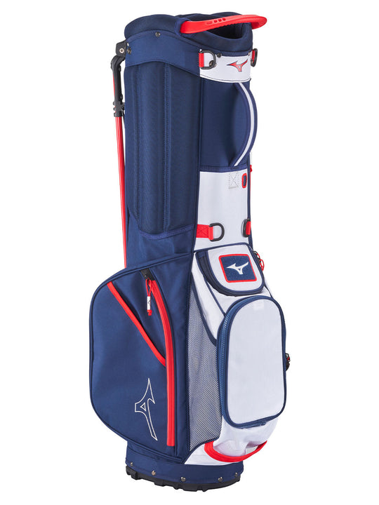 Side profile of Mizuno BR-D3 Stand Bag navy and red with Mizuno logo — Noosa Golf Co., your trusted golf shop Noosa.