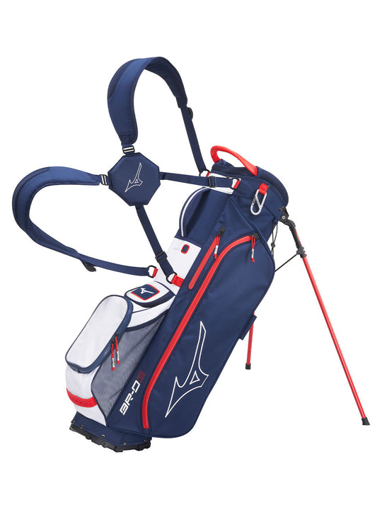 Mizuno BR-D3 Stand Bag in navy and red with stand legs out — shop it now at Noosa Golf Co., top golf shop Sunshine Coast.