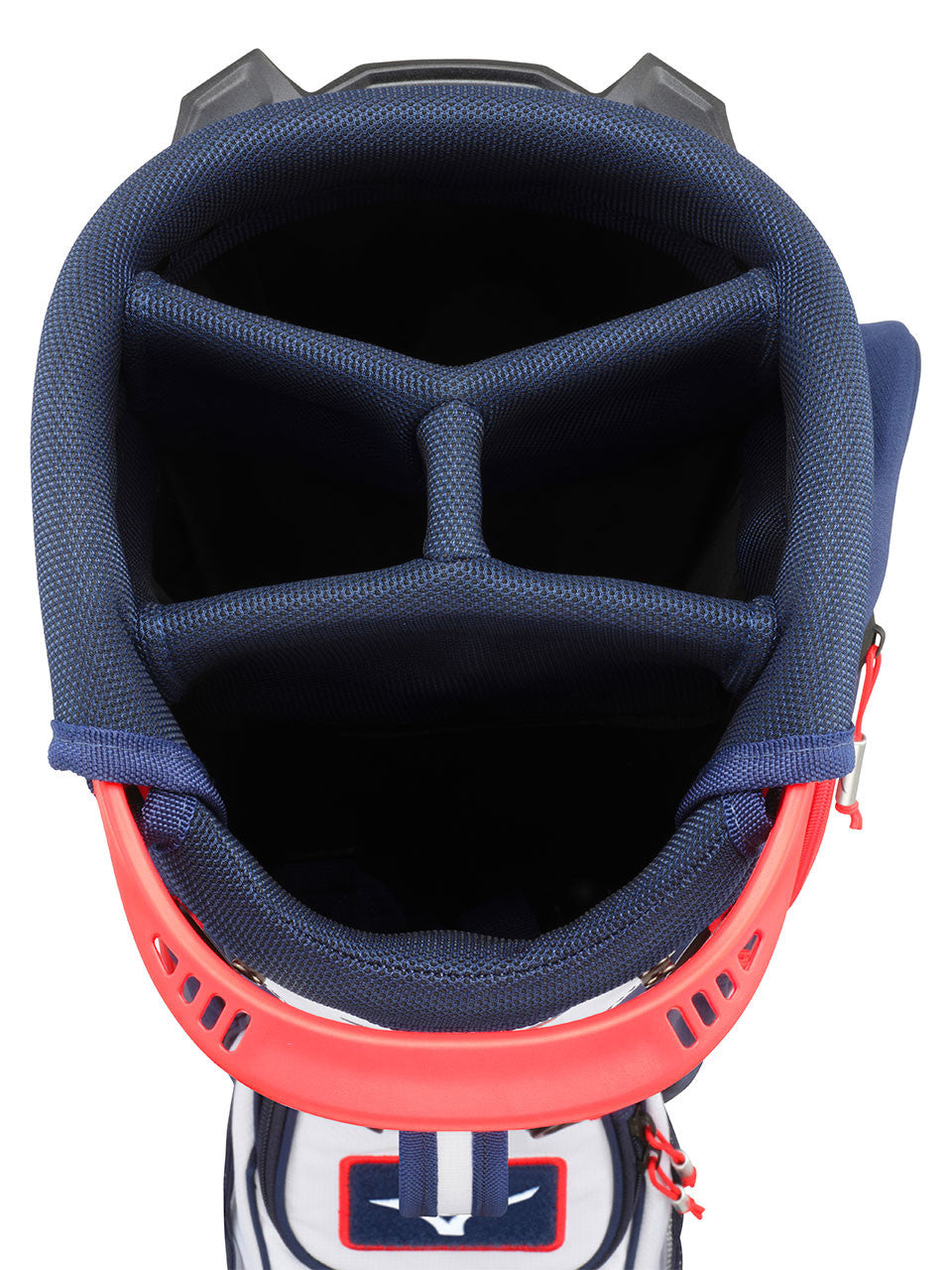 Top view of Mizuno BR-D3 Stand Bag in navy and red, 4-way divider — available at Noosa Golf Co., your golf shop Sunshine Coast and golf shop Noosa.