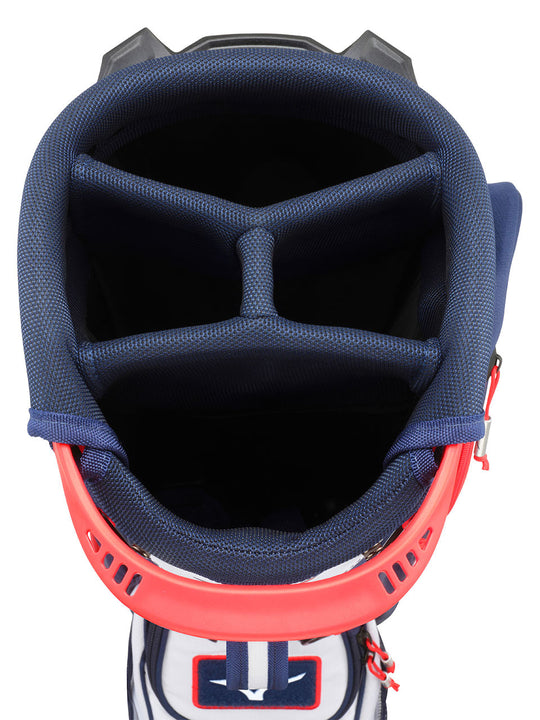 Top view of Mizuno BR-D3 Stand Bag in navy and red, 4-way divider — available at Noosa Golf Co., your golf shop Sunshine Coast and golf shop Noosa.