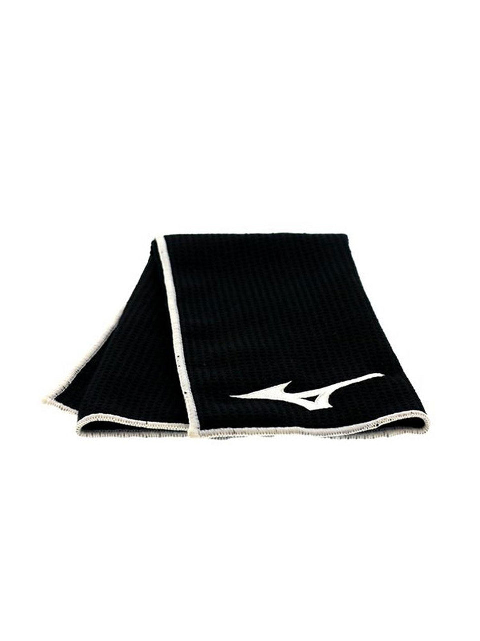 Angled view of folded black Mizuno Cart Golf Towel with clean white Mizuno logo, stocked at Noosa Golf Co. — Noosa golf store.