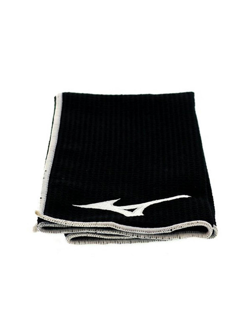 Folded black Mizuno Cart Golf Towel featuring white Mizuno logo, available at Noosa Golf Co., top golf shop Sunshine Coast.
