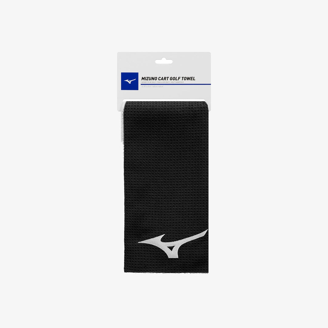 Packaged Mizuno Cart Golf Towel in black, showcased for sale at Noosa Golf Co. — trusted golf shop Noosa and Sunshine Coast.