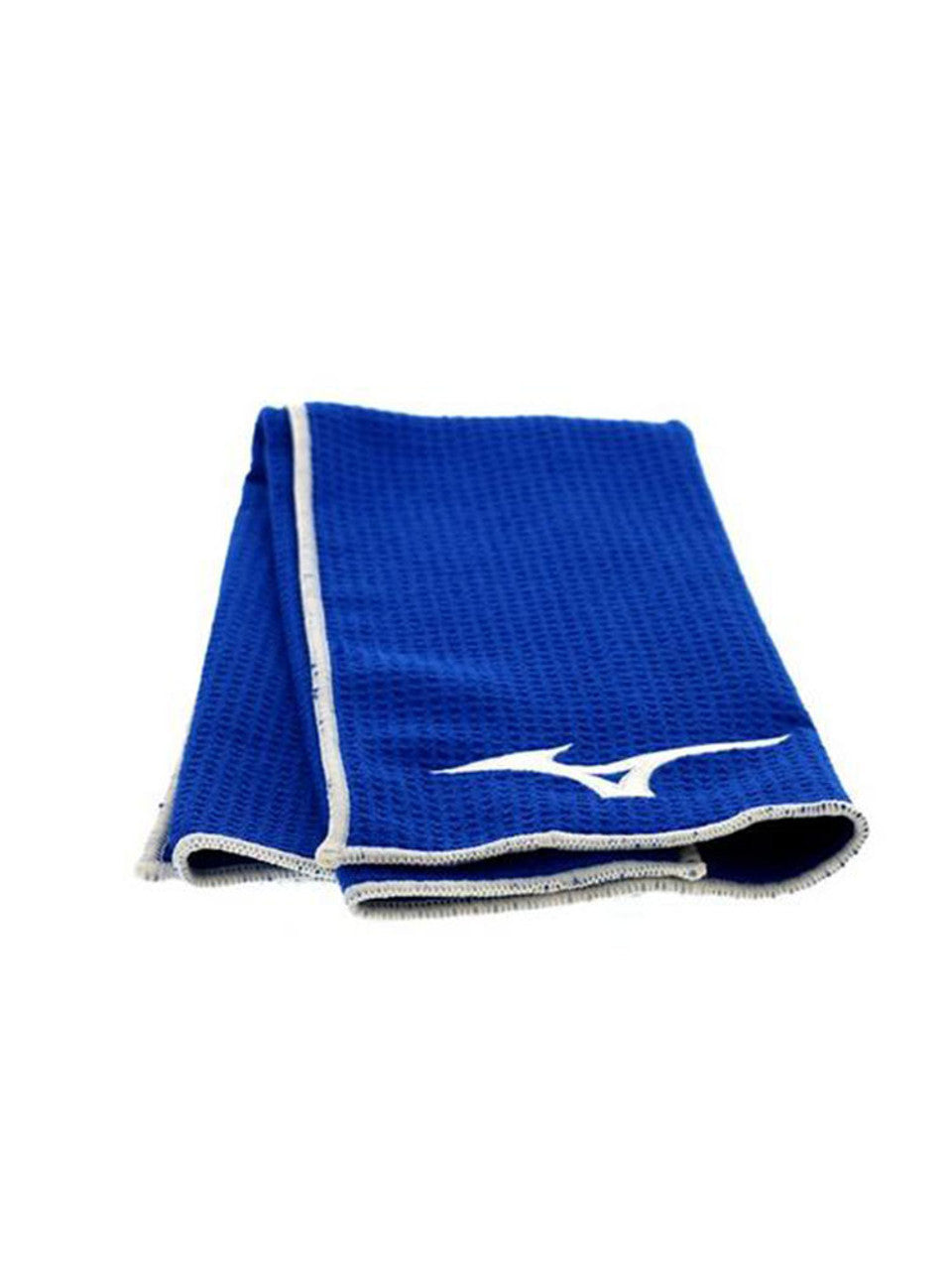 Angled view of folded Mizuno Cart Golf Towel in blue with bold white Mizuno logo, available at Noosa Golf Co. — leading golf shop Noosa.