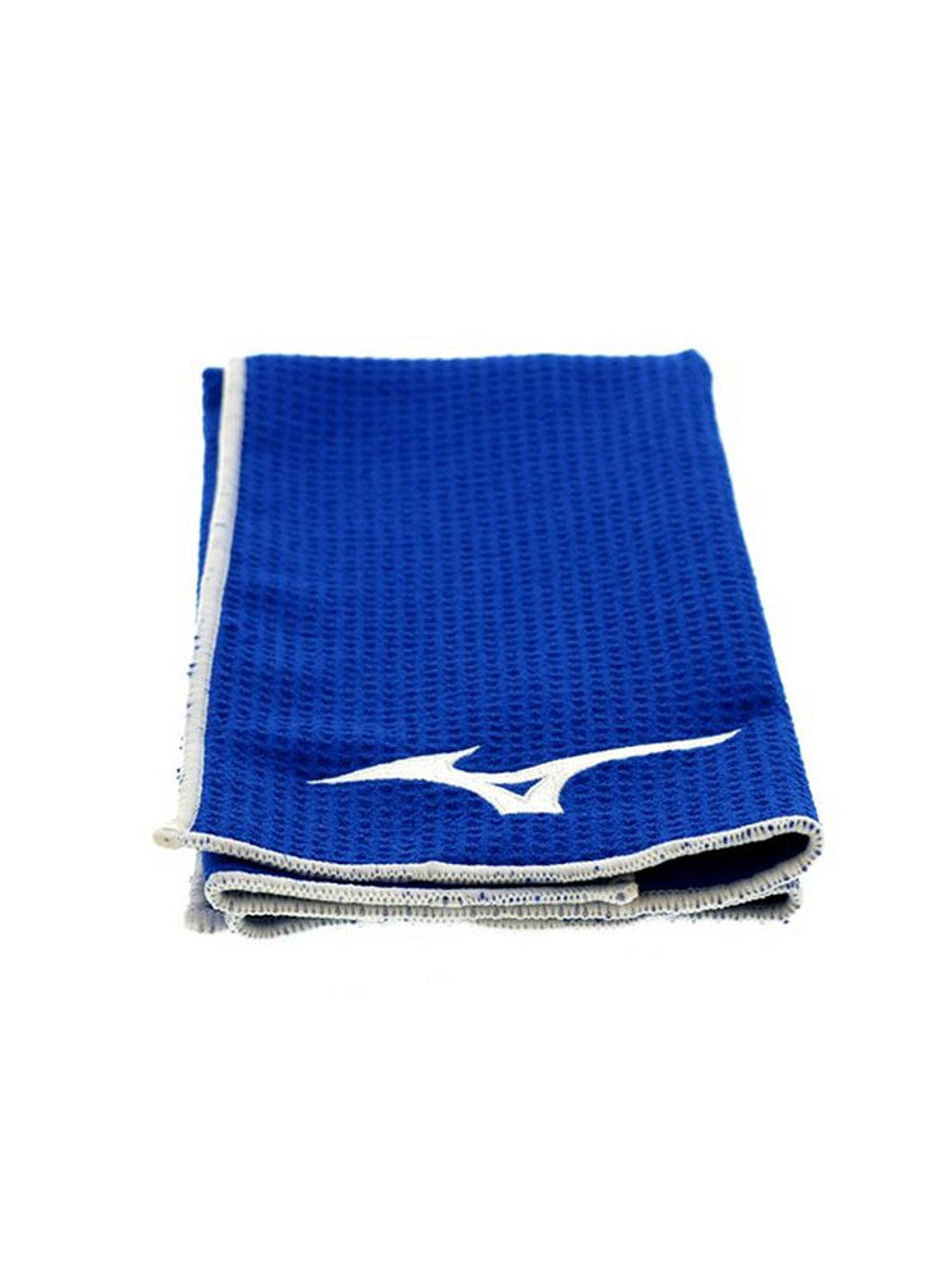 Folded blue Mizuno Cart Golf Towel with white Mizuno logo, displayed at Noosa Golf Co., your trusted golf shop Sunshine Coast.