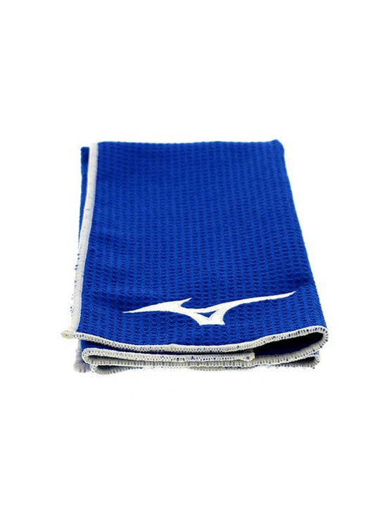 Folded blue Mizuno Cart Golf Towel with white Mizuno logo, displayed at Noosa Golf Co., your trusted golf shop Sunshine Coast.