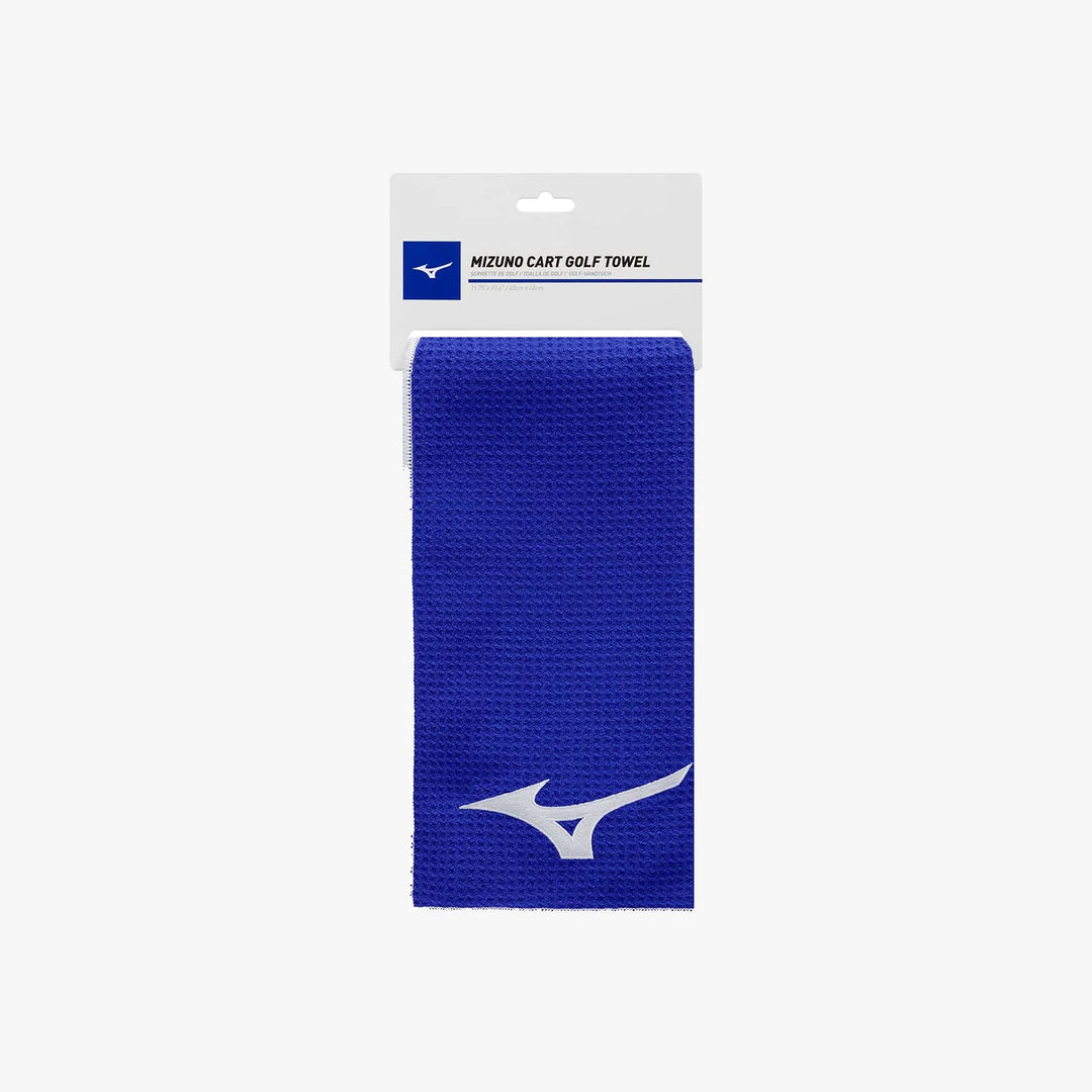 Packaged Mizuno Cart Golf Towel in blue with hanging display, ready for purchase at Noosa Golf Co. — premium golf store Sunshine Coast.