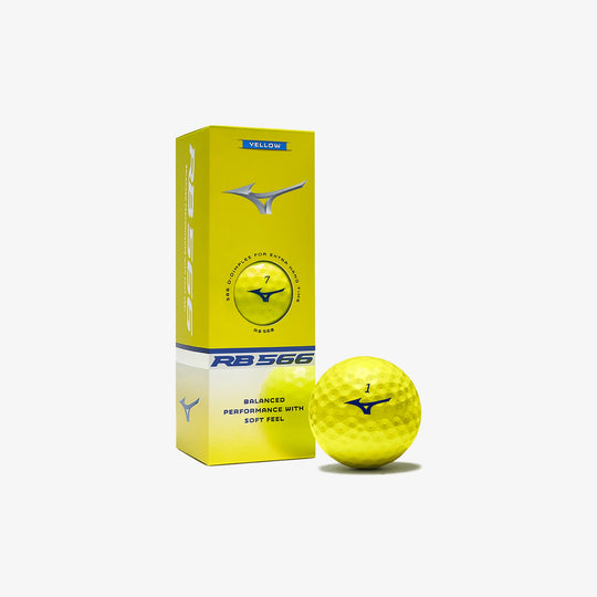 Mizuno RB 566 yellow golf ball displayed with sleeve — purchase at Noosa Golf Co., Sunshine Coast golf shop.