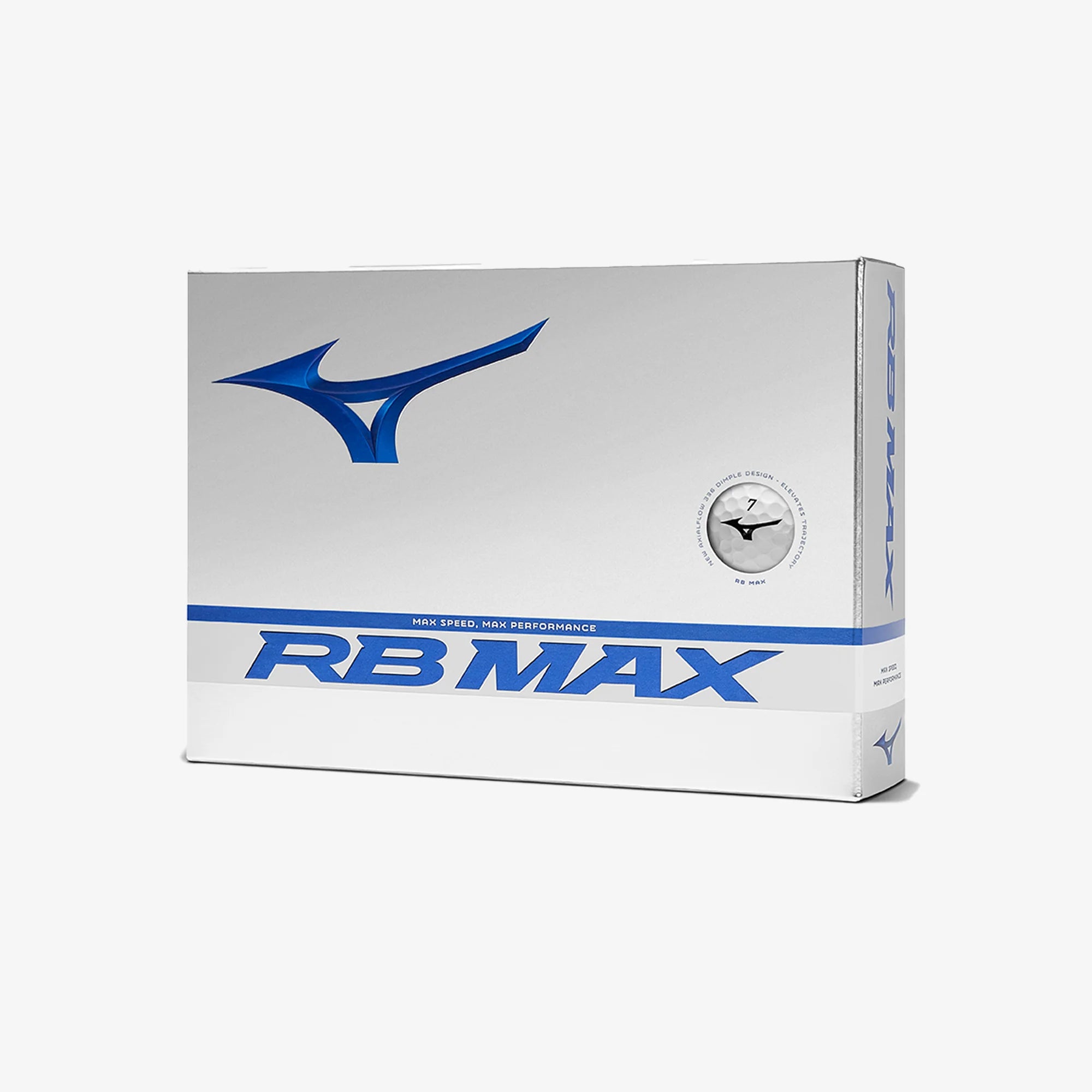 Close-up of Mizuno RB MAX golf ball dozen pack in silver and blue packaging, available at Noosa Golf Co. — premium golf shop on the Sunshine Coast.