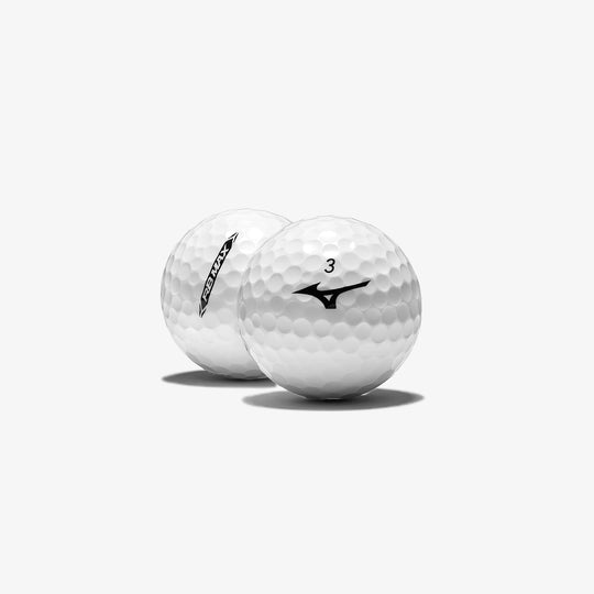 Two Mizuno RB MAX golf balls showcasing logo and side branding, stocked at Noosa Golf Co. — Sunshine Coast golf shop for premium golf gear.