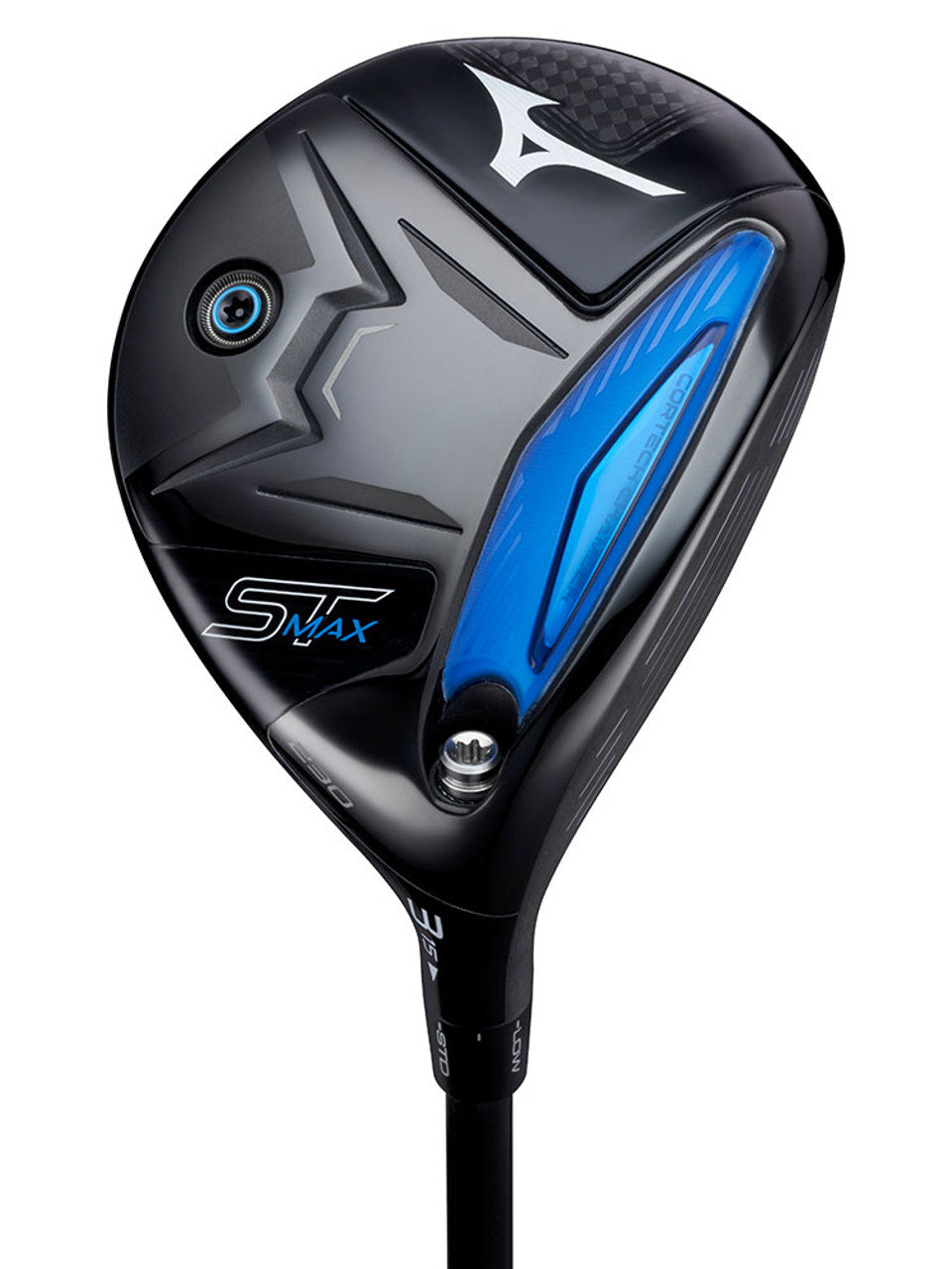 Bottom view of Mizuno ST MAX 230 Fairway Wood, showcasing blue Cortech Chamber, adjustable hosel and premium sole design. Explore premium golf gear at Noosa Golf Co. — golf shop Sunshine Coast.