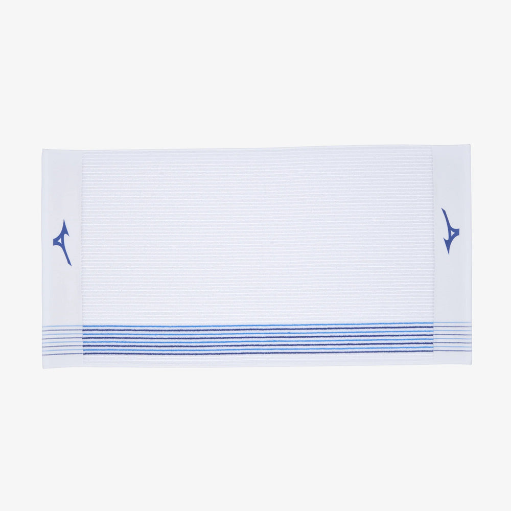 Full-length view of the Mizuno Tour Golf Caddy Towel, white with blue Runbird logos and striped edge design — premium golf towel available at Noosa Golf Co. golf shop Sunshine Coast.

