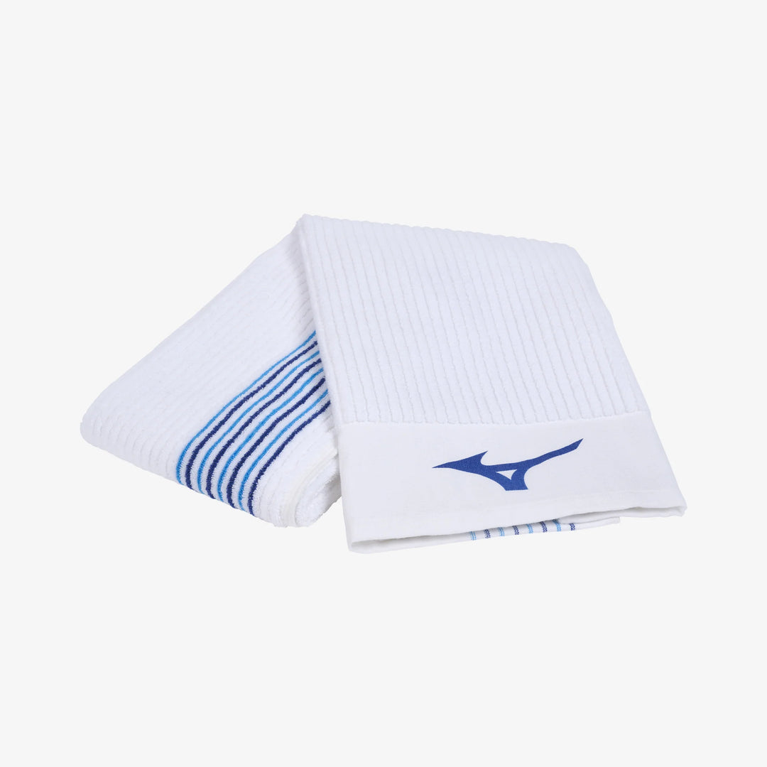 White Mizuno Tour Golf Caddy Towel with blue Mizuno logo and striped detailing, premium golf towel available at Noosa Golf Co. golf shop Sunshine Coast.