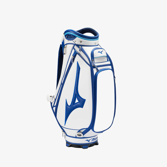 Mizuno Tour Staff golf bag in white and blue with large Mizuno logo. Available at Noosa Golf Co., premium Sunshine Coast golf shop and Noosa golf shop for Mizuno golf bags.