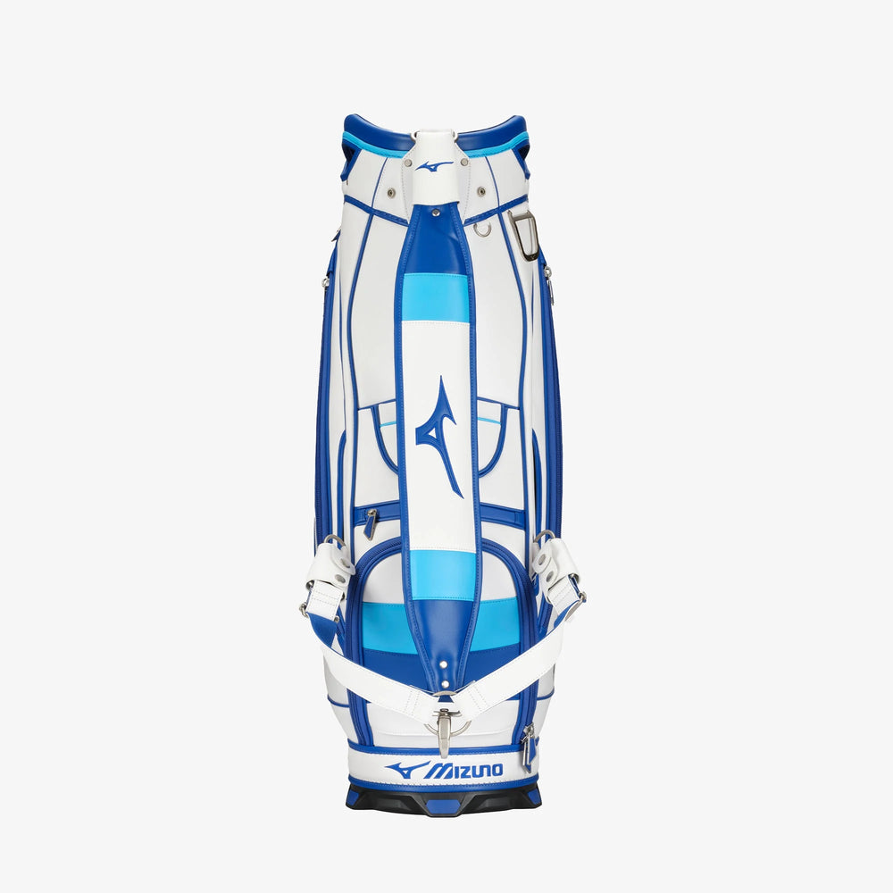 Rear view of Mizuno Tour Staff golf bag with Mizuno branding and dual strap. Shop premium Mizuno golf gear at Noosa Golf Co., Sunshine Coast’s top golf shop.
