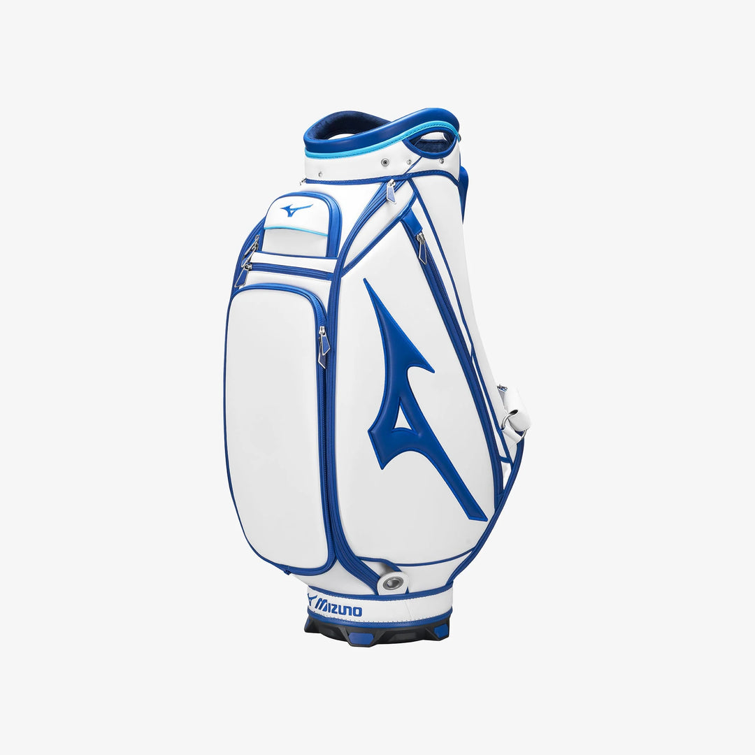 Side view of Mizuno Tour Staff golf bag showcasing spacious pockets and bold Mizuno branding. Shop Mizuno golf bags at Noosa Golf Co., Sunshine Coast and Noosa golf shop.