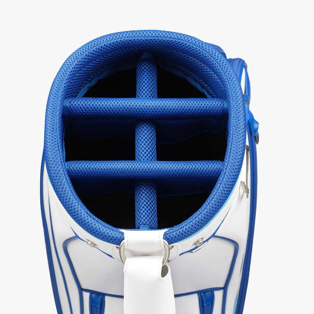 Top divider view of Mizuno Tour Staff golf bag with blue 6-way padded divider. Find Mizuno golf bags at Noosa Golf Co., your trusted Noosa golf shop and Sunshine Coast golf store.
