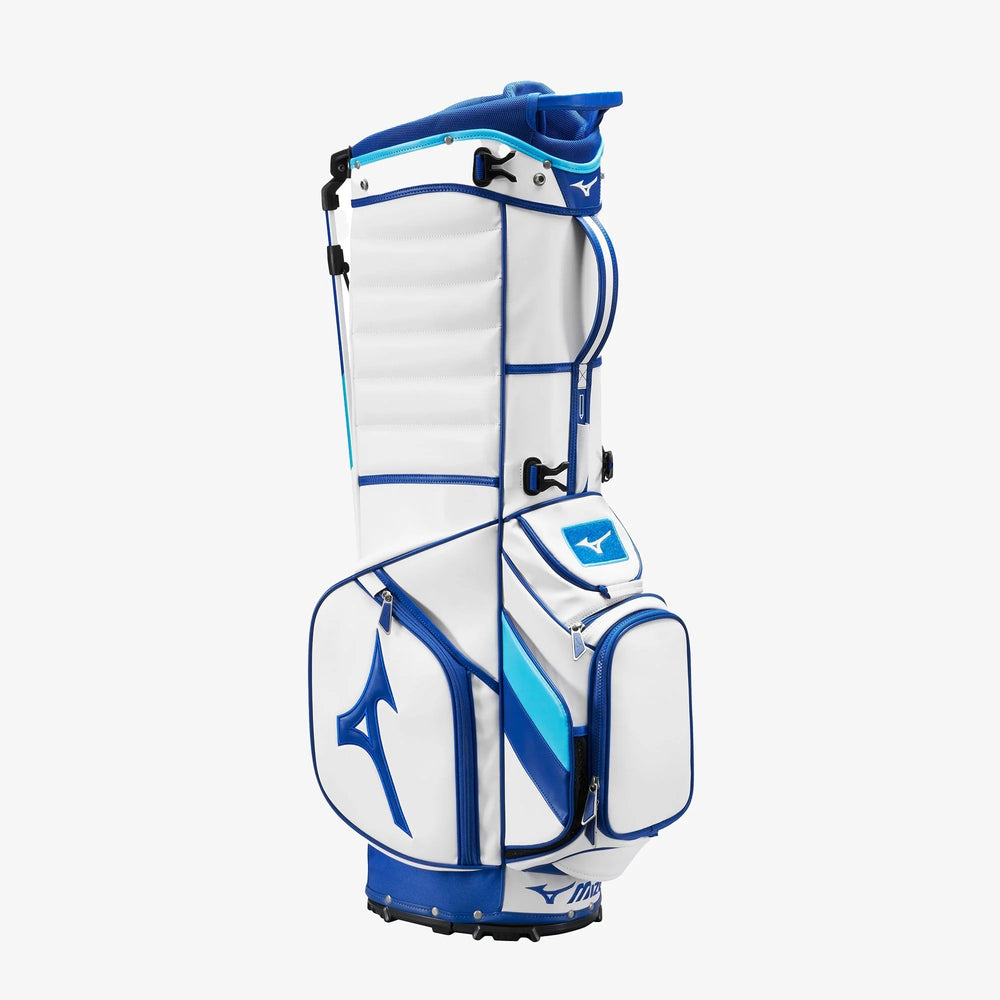 Side profile of Mizuno Tour Stand Golf Bag in blue and white, lightweight and durable golf bag from Sunshine Coast golf shop and Noosa golf shop.
