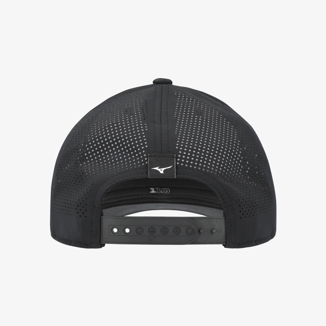Back view of the black Mizuno Tour Vent Snapback golf cap showing laser-perforated mesh panels and adjustable snapback closure.