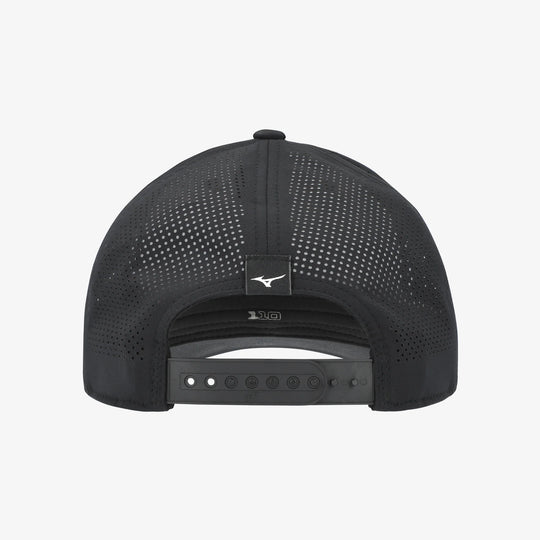 Back view of the black Mizuno Tour Vent Snapback golf cap showing laser-perforated mesh panels and adjustable snapback closure.
