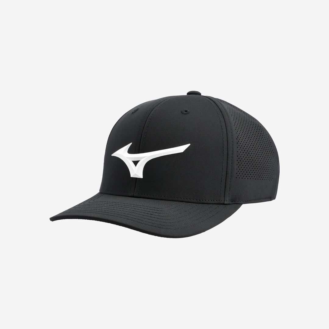 Front view of the black Mizuno Tour Vent Snapback golf cap with white Mizuno logo and curved brim.