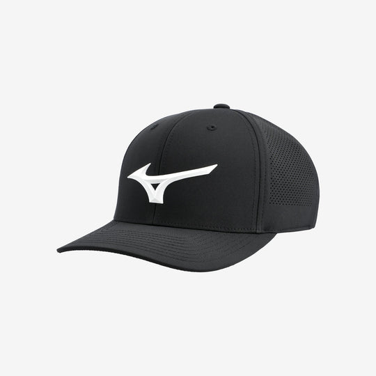 Front view of the black Mizuno Tour Vent Snapback golf cap with white Mizuno logo and curved brim.