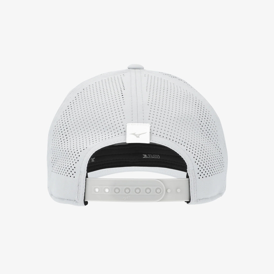 Back view of the grey Mizuno Tour Vent Snapback golf cap showing ventilated mesh panels and adjustable snapback strap.

