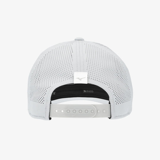 Back view of the grey Mizuno Tour Vent Snapback golf cap showing ventilated mesh panels and adjustable snapback strap.

