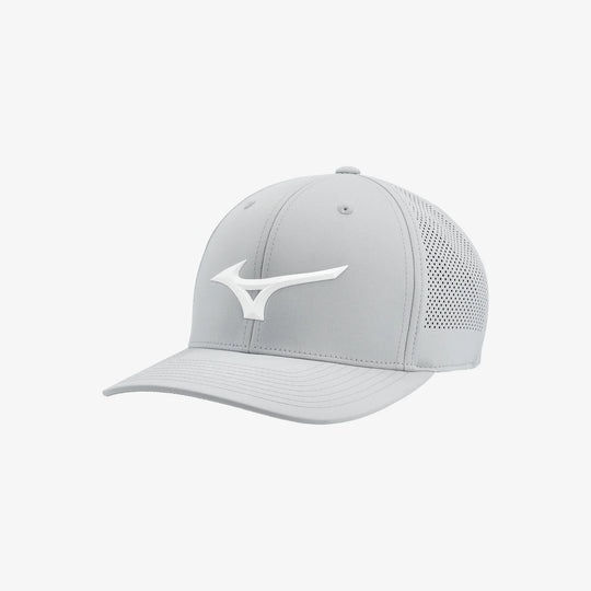 Front view of the grey Mizuno Tour Vent Snapback golf cap with white Mizuno Runbird logo and perforated mesh side panels.