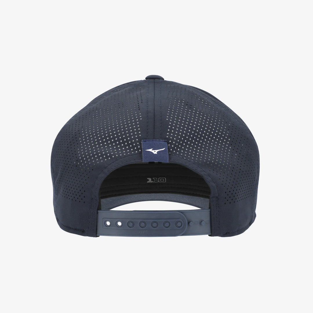 Back view of the navy Mizuno Tour Vent Snapback golf cap with laser-cut ventilation and snapback adjustment.

