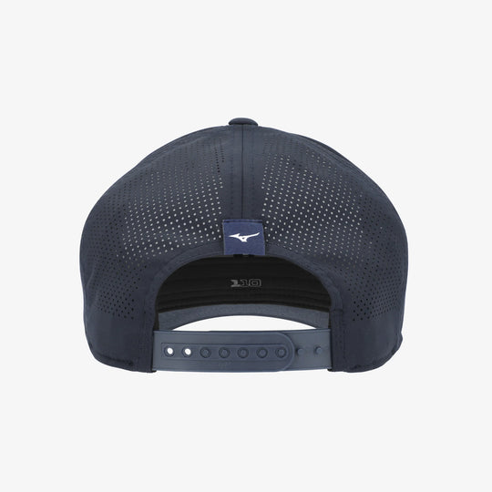 Back view of the navy Mizuno Tour Vent Snapback golf cap with laser-cut ventilation and snapback adjustment.

