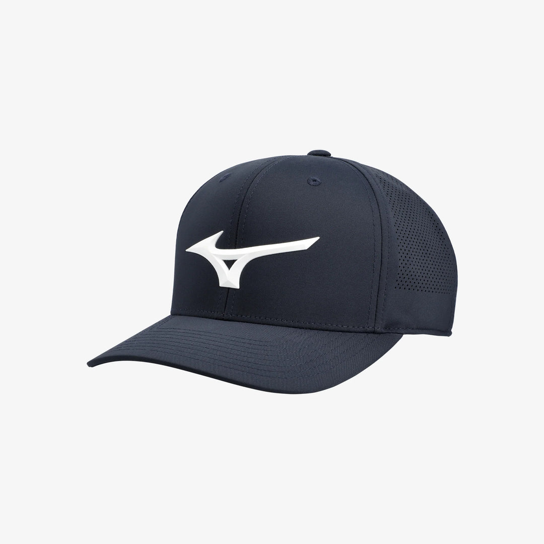 Front view of the navy Mizuno Tour Vent Snapback golf cap featuring a white Mizuno Runbird logo and mesh side panels.