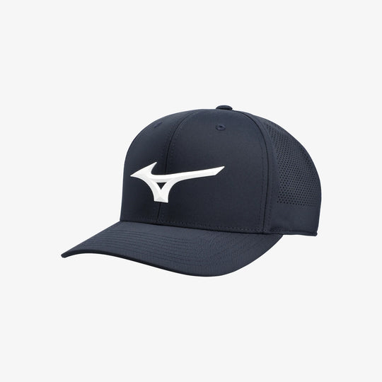 Front view of the navy Mizuno Tour Vent Snapback golf cap featuring a white Mizuno Runbird logo and mesh side panels.
