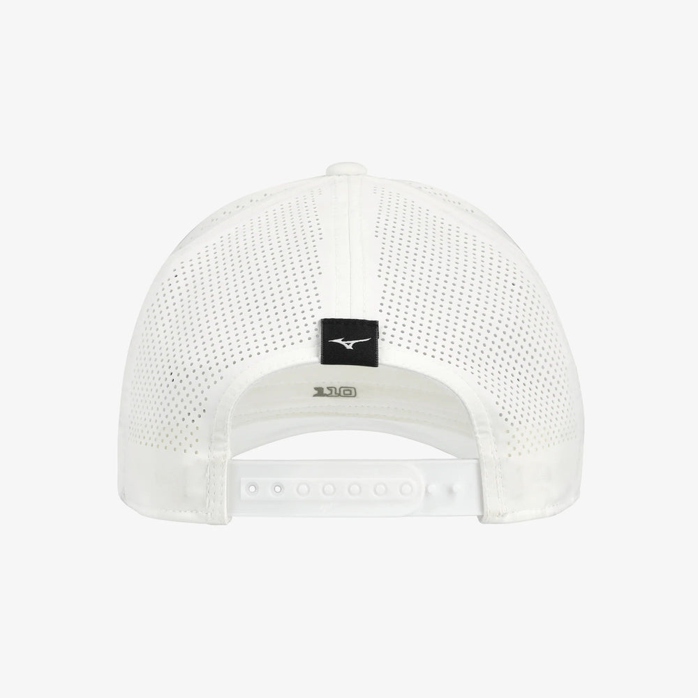 Back view of the white Mizuno Tour Vent Snapback golf cap with laser-perforated mesh and adjustable snapback strap.